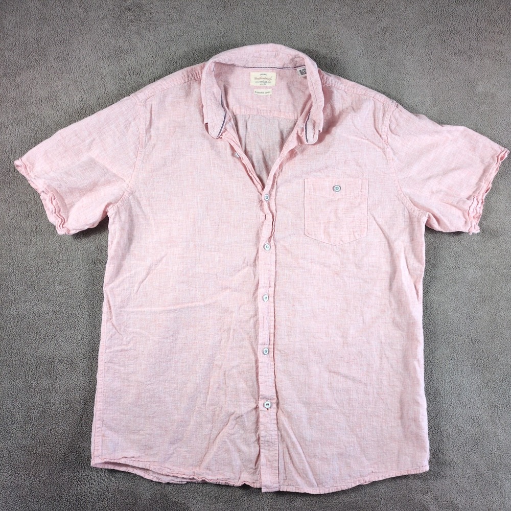 Weatherproof Vintage Shirt Men XL Pink Washable Linen Pleated Casual Button Down